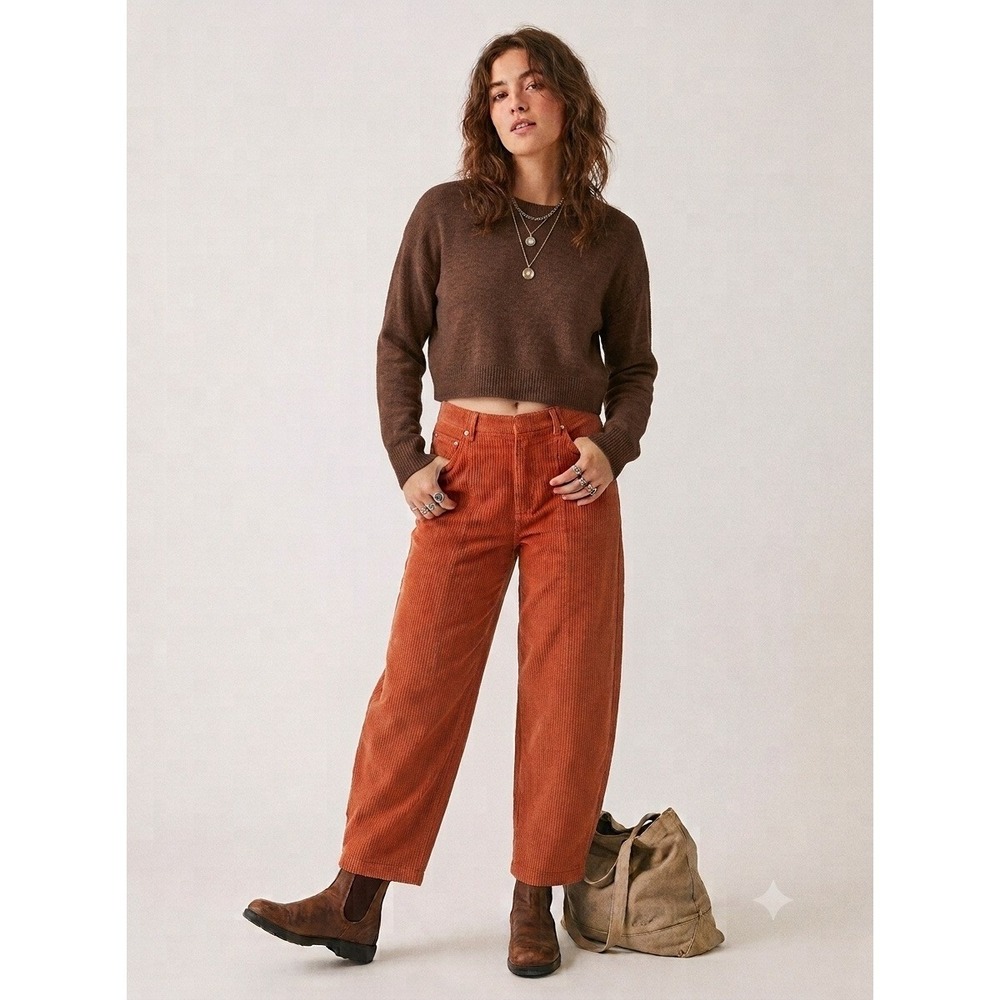 New We The Free People Pants 26 Barrel Corduroy Horseshoe Orange Boho Retro